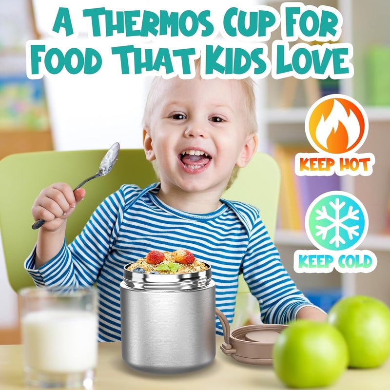 CJACJA Thermo for Hot Food Kids - 15.2 Oz, Insulated Food Jar for Soup, Width Mouth Stainless Steel Insulated Lunch Container with Folding Spoon, Stainless Steel - Image 2